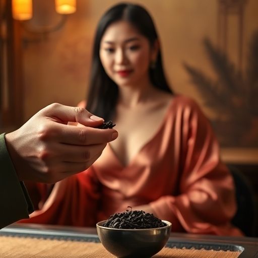 茶艺师手持茶叶，微笑介绍