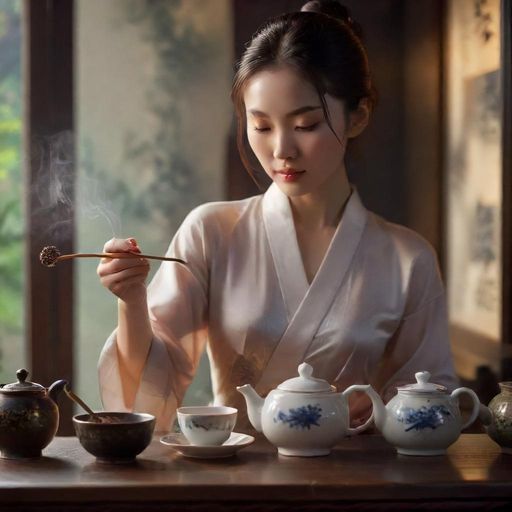 特写镜头捕捉茶艺师专注的神情，正优雅地使用一套精致的茶具冲泡茶叶，动作行云流水。