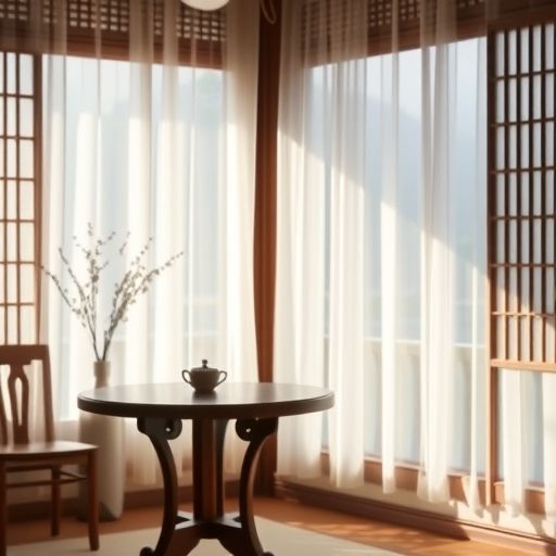 清幽阁茶桌上摆放着茶具，窗外是城市风景