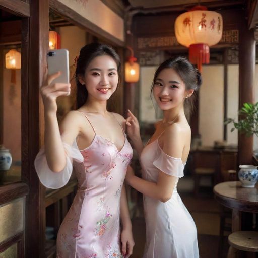 朋友在茶室开心自拍