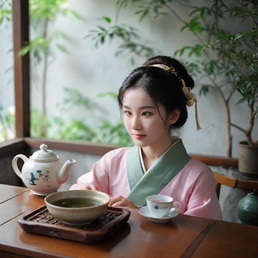 茶桌上摆放着精致的茶具和清新的绿植
