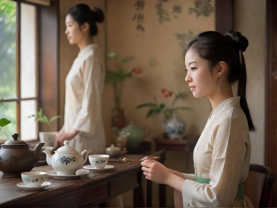 一位气质优雅的茶艺师正在古色古香的茶室中为客人泡茶，光线柔和，氛围宁静。