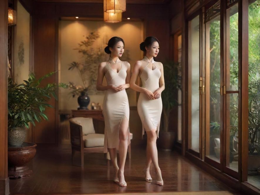 深圳高端品茶会所内部，一位女士在精心布置的茶桌旁，背景是雅致的园林景观，灯光柔和，营造出私密宁静的氛围。