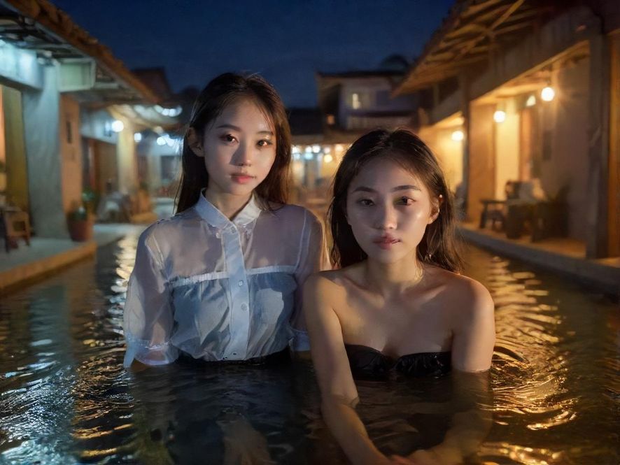 岗顶水博的夜晚，水面上的灯光与建筑交织成一片流光溢彩的画卷，营造出梦幻般的沉浸式体验。