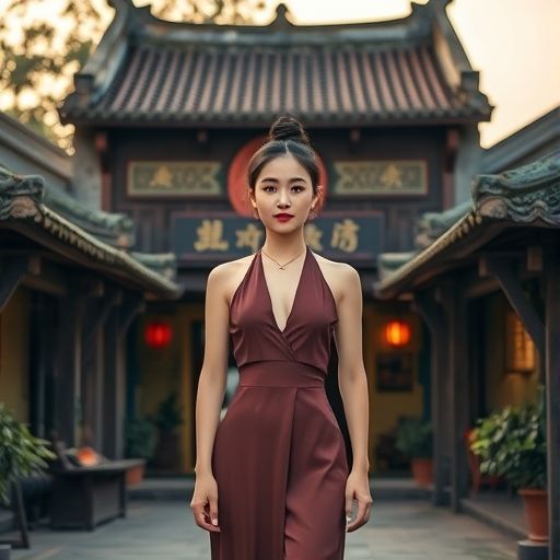广东某休闲场所入口，傍晚时分，光线柔和，建筑风格带有古朴韵味