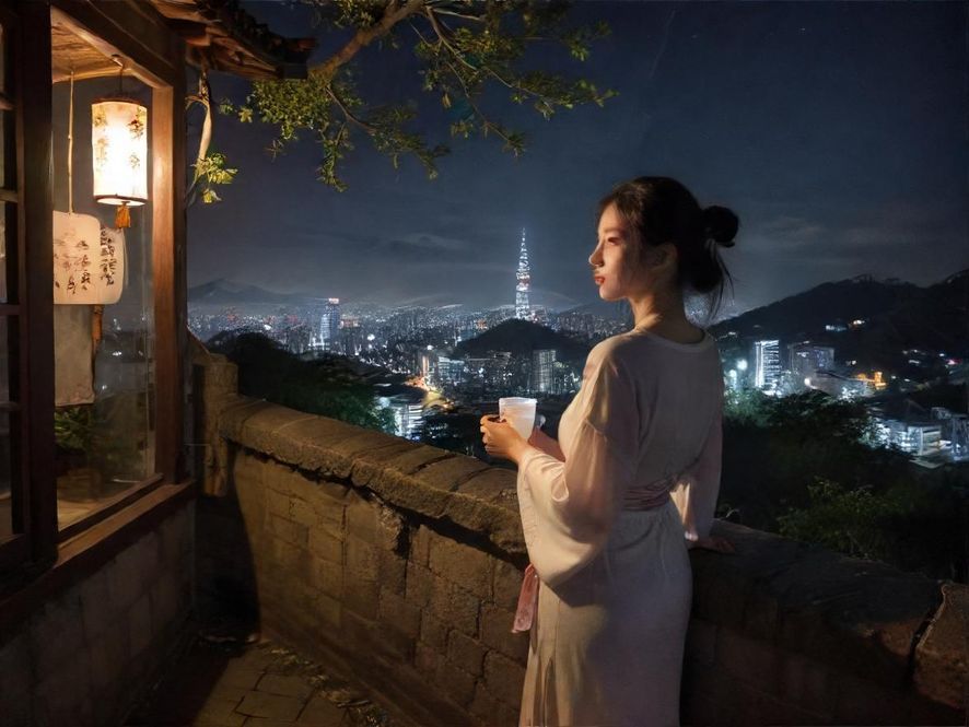 深圳夜景下的高端茶社，灯火通明