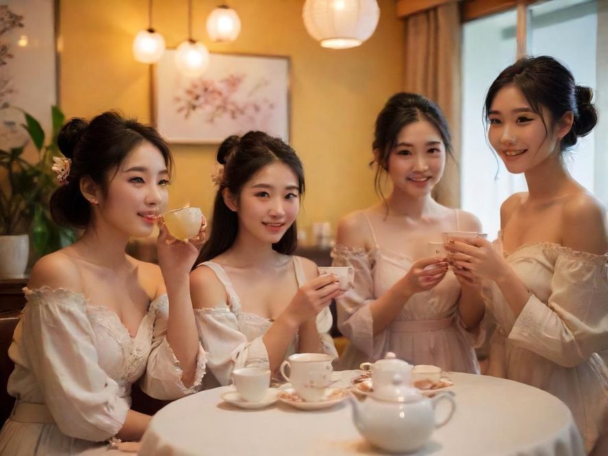 温馨雅致的茶室，柔和的灯光下，几位朋友围坐品茶，气氛轻松愉悦。