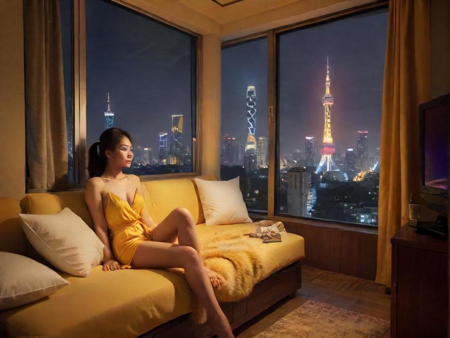 一个温馨舒适的私密休闲空间，暖色灯光营造出放松氛围，落地窗外是璀璨的广州夜景
