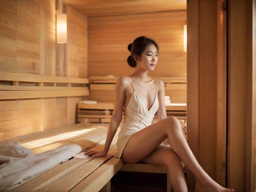 一位女性在舒适的桑拿房中闭目养神，享受身心放松的宁静时刻