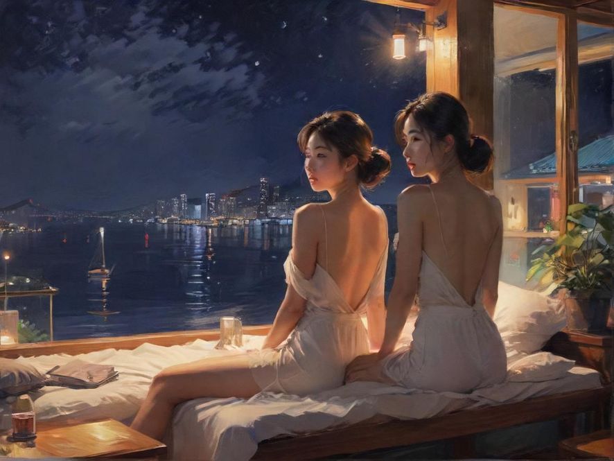 一位都市人在窗边放松，享受休闲时光，背景是深圳的城市夜景，画面充满治愈感。