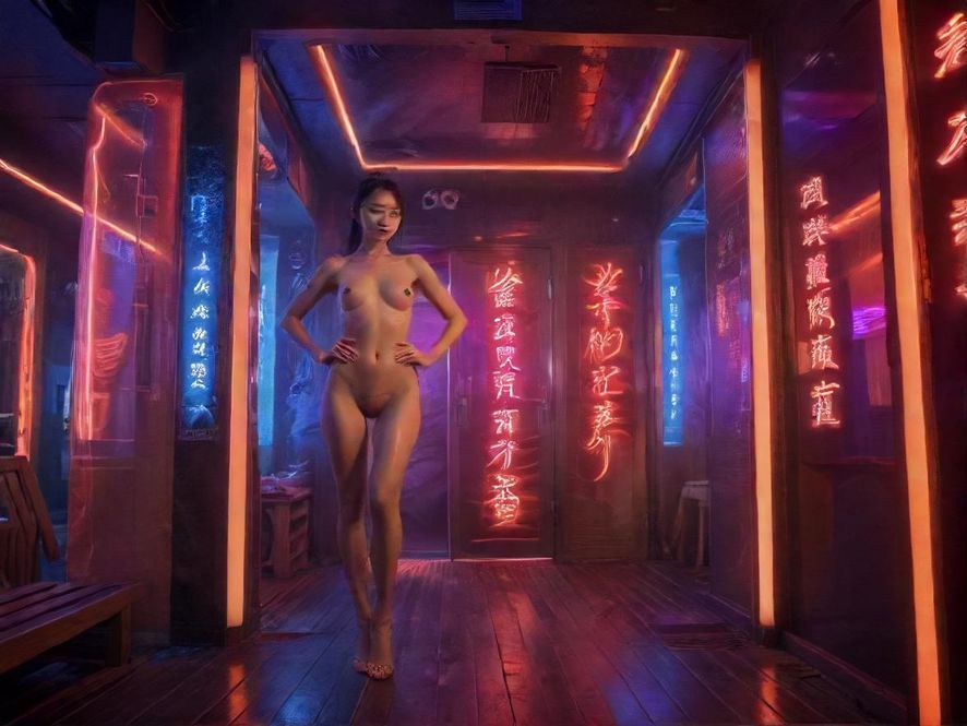 一处充满未来感与奢华气息的桑拿会所入口，霓虹灯光映衬着夜幕，引人入胜。