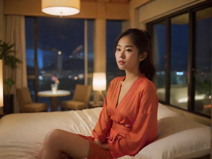 一位优雅女性在私密奢华空间中沉思，光影交错，氛围宁静。