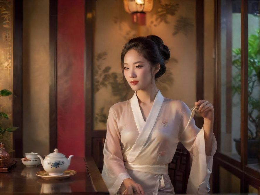 深圳隐藏茶社的内部景象，光线柔和，装饰典雅，营造出一种宁静而奢华的氛围。