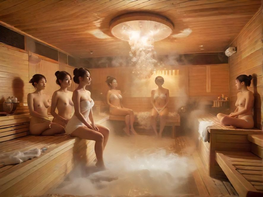 一间宽敞豪华的桑拿房，热气氤氲，营造出极致放松的氛围。