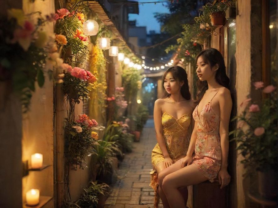 广州花社区夜晚灯光小路风光